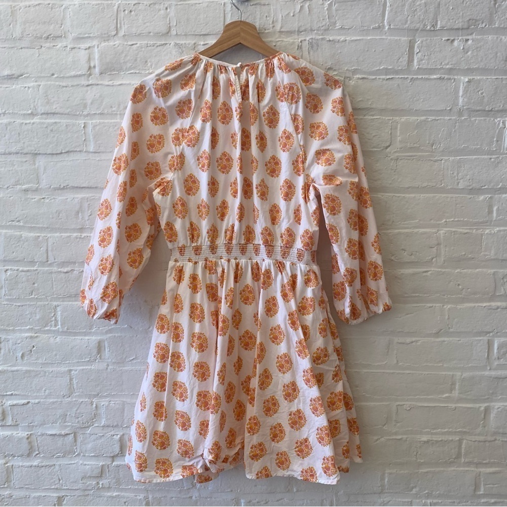 J. Crew || Smocked Waist Mini Dress Long Sleeve Floral Block Print Orange Medium - Picture 4 of 7